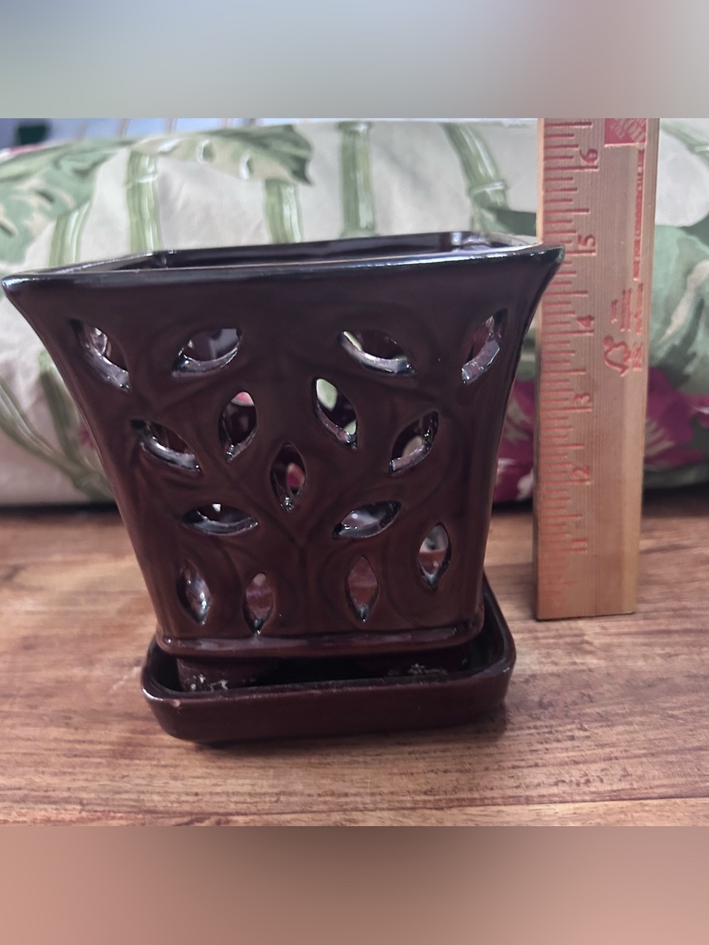 Ceramic Orchid Pot with Attach Tray and Cut Out Sides Glossy Brown - Picture 6 of 7